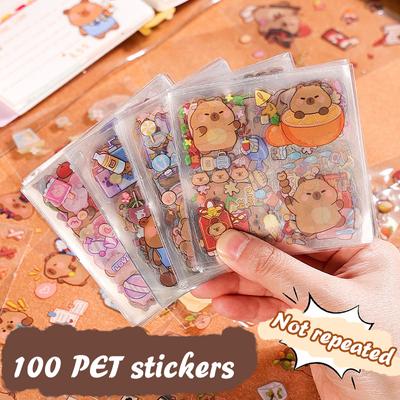 100Sheets  Trendy Capybara Animal Stickers Waterproof Hand Account Stickers Cartoon Cute Notebook Decoration Stickers