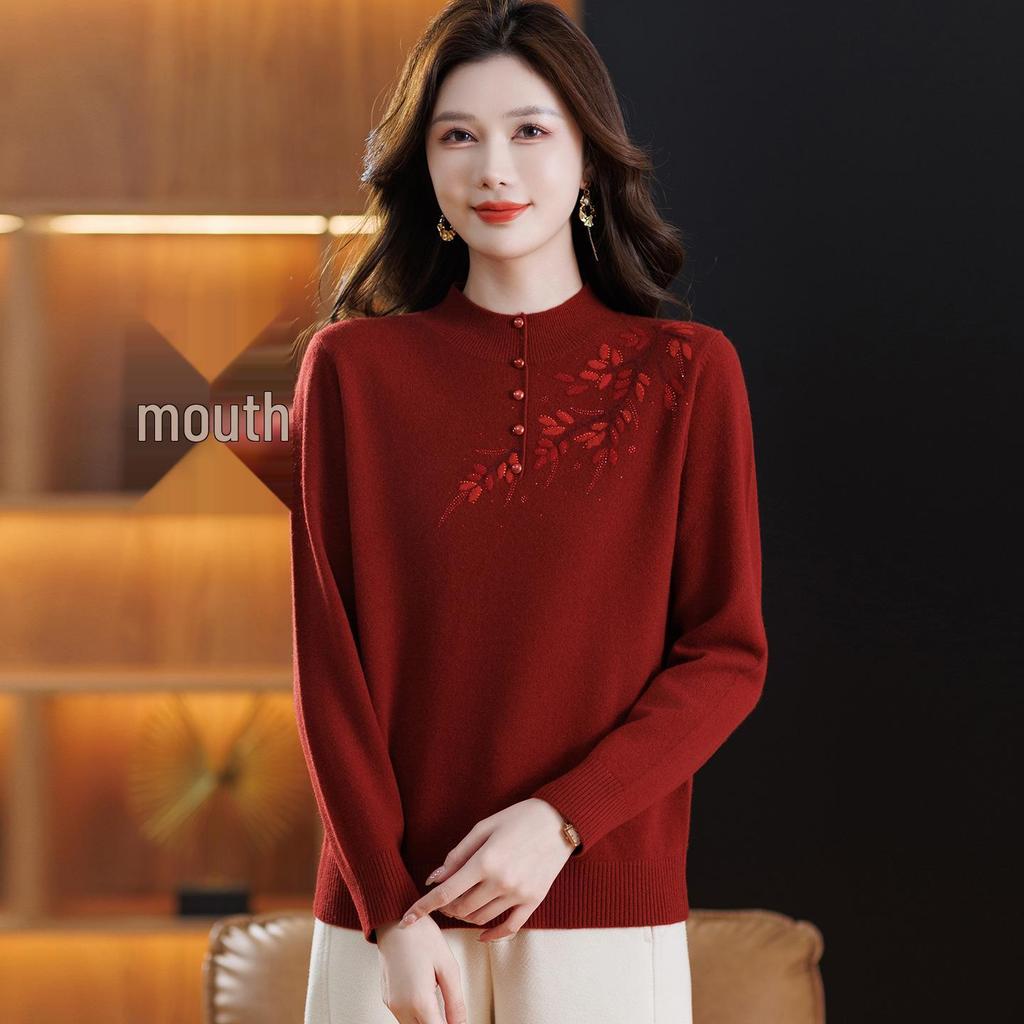 Women's Plus Size Pure Wool Embroidered Sweater - Autumn/Winter Base Layer with Half-high Collar, Perfect for Middle-aged and Elderly Moms.