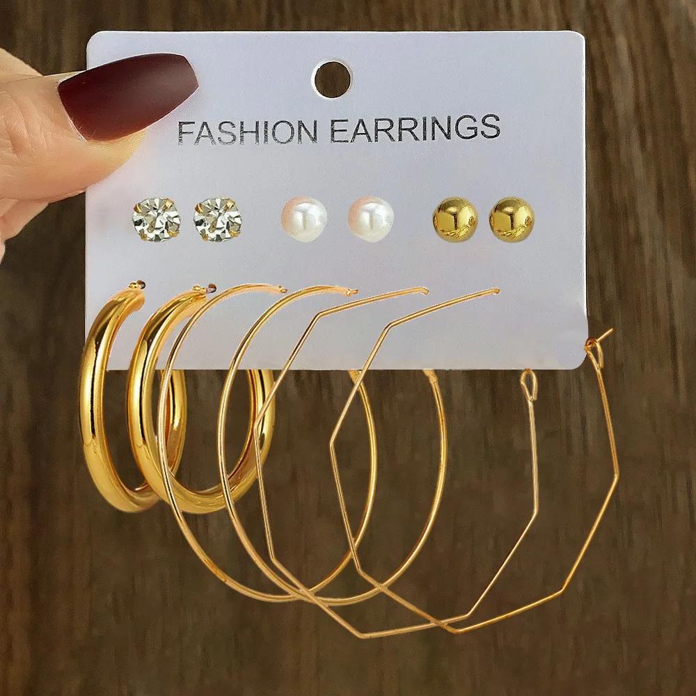 

6 Pairs Boho Big Circle Hoop Earring Set for Women, Gold Vintage Pearl Earring, Heart Zircon Ear Studs Jewelry Gifts
