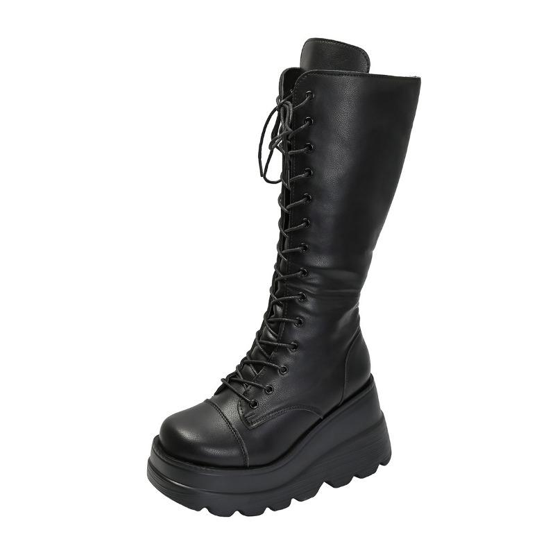 Winter new but knee black wedge heel muffin skinny Martin boots punk women's boots thick-soled high boots lace-up boots