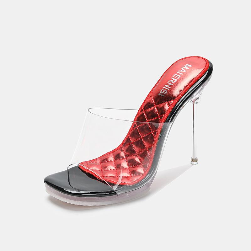 

Transparent crystal bottom metal heel high heel sandals thin heel fish mouth cool slippers model catwalk sexy 35 чёрный