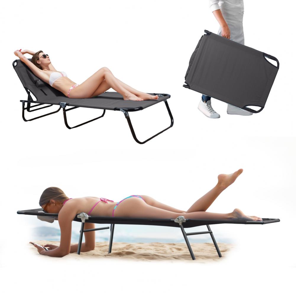 Heavy Duty Folding Camping Cot for Adults – Reclining Sun Lounger with Face Hole, 4-Height Adjustable, Removable Pillow, for Bea