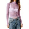 Women Sheer Mesh Polka Dot Long Sleeve Top Slim Fit Semi High Neck Stretchy Transparent T-Shirt Layering Base Shirt