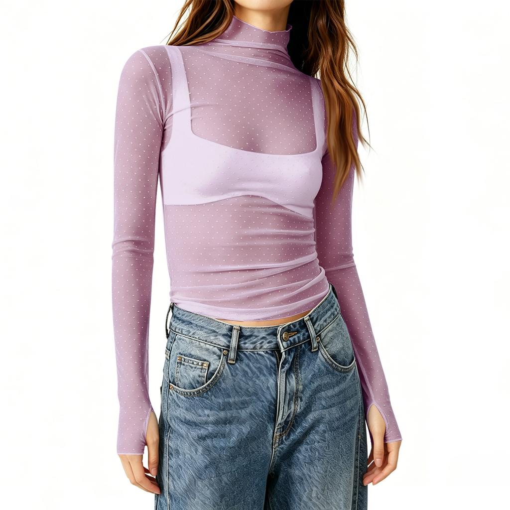 Women Sheer Mesh Polka Dot Long Sleeve Top Slim Fit Semi High Neck Stretchy Transparent T-Shirt Layering Base Shirt