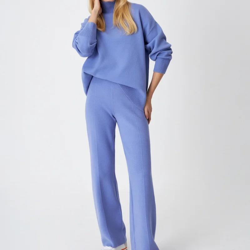High-Quality Solid Color Knit Set: Women's High Neck & Wide Leg Pants Two-Piece for Autumn/Winter 2025