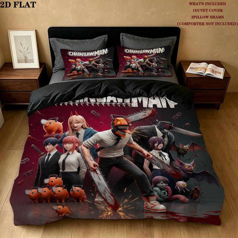 Set Copripiumino Trapuntato con Fantasia Chainsaw Man Federe Regalo di Compleanno per la Casa(1 * copripiumino + 2 * federa, senza nucleo)