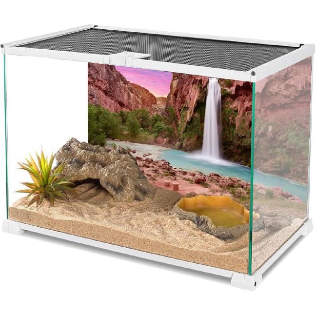 AWERT 36x18 tum Reptilhabitat Bakgrund Solnedgång Berg Vattenfall Terrarium Bakgrund Polyester Bakgrund