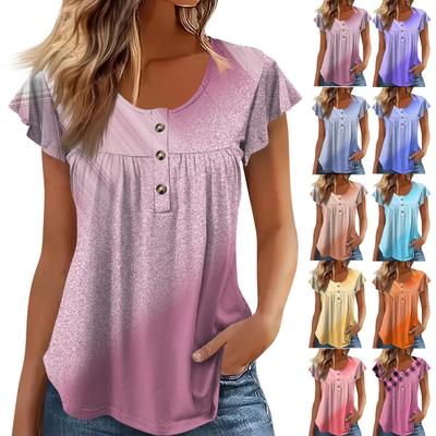 Túnica de manga curta feminina solta topos casual plus size túnica plissada botão para baixo casual verão primavera camisetas para mulher