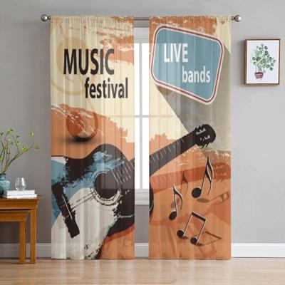 Music Festival With Retro Guitar Chiffon Sheer Curtains for Living Room Bedroom Kitchen Decoration Window Voiles Tulle Curtain