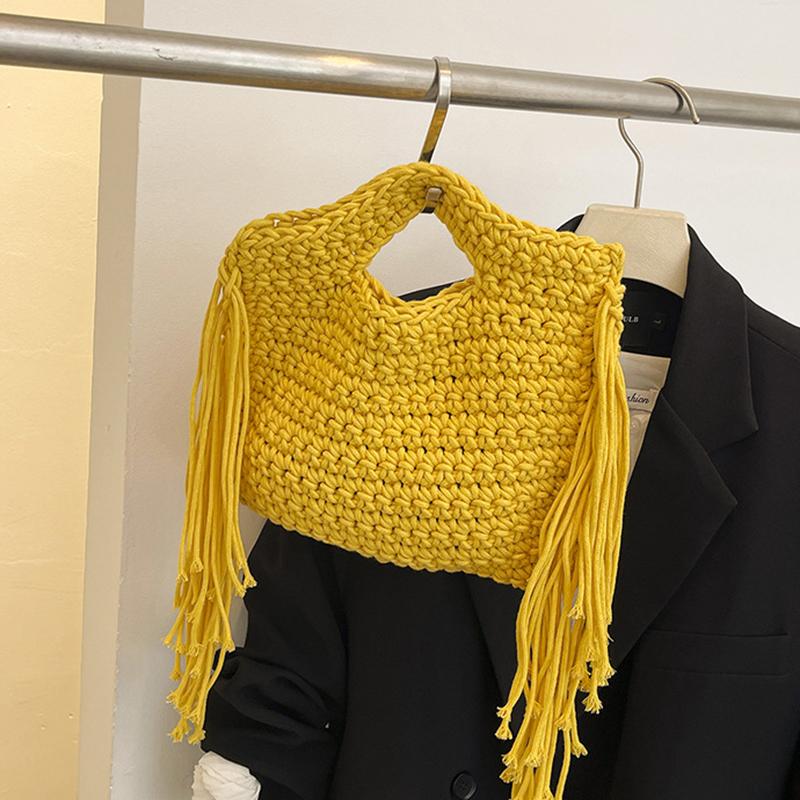 Yogodlns Knitted Tassel Bag New Summer Vacation Style Single Shoulder Diagonal Cross Woven Bag Fashionable Simple Women's Handbag