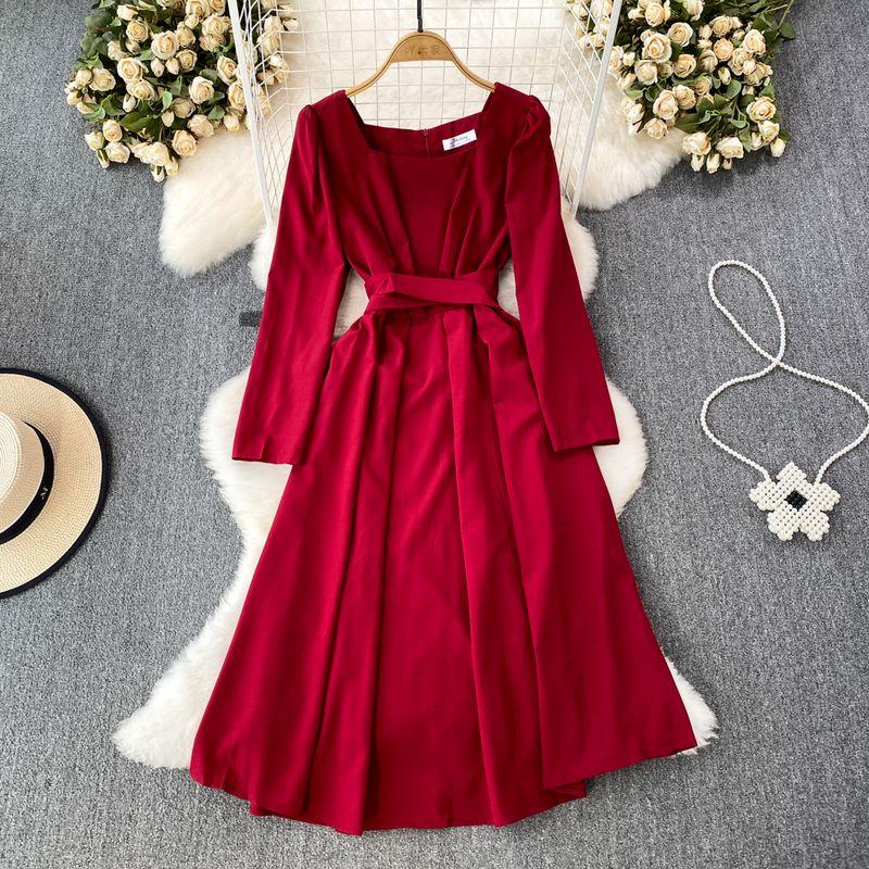 

Spring and Autumn Square Collar A- line Elegance Large Swing Dress Red All yards