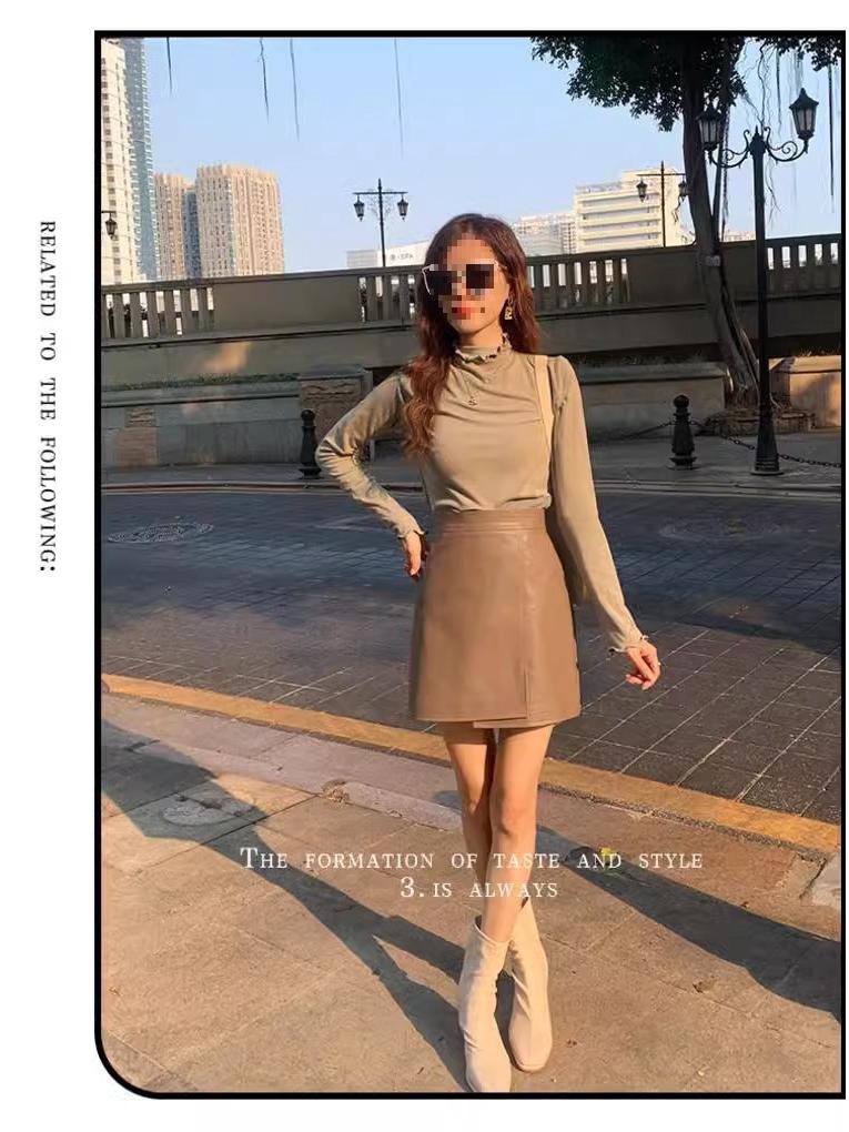 Damen A-Linien Minirock aus PU-Leder mit hoher Taille, Kaffeefarben, Herbst/Winter 2024