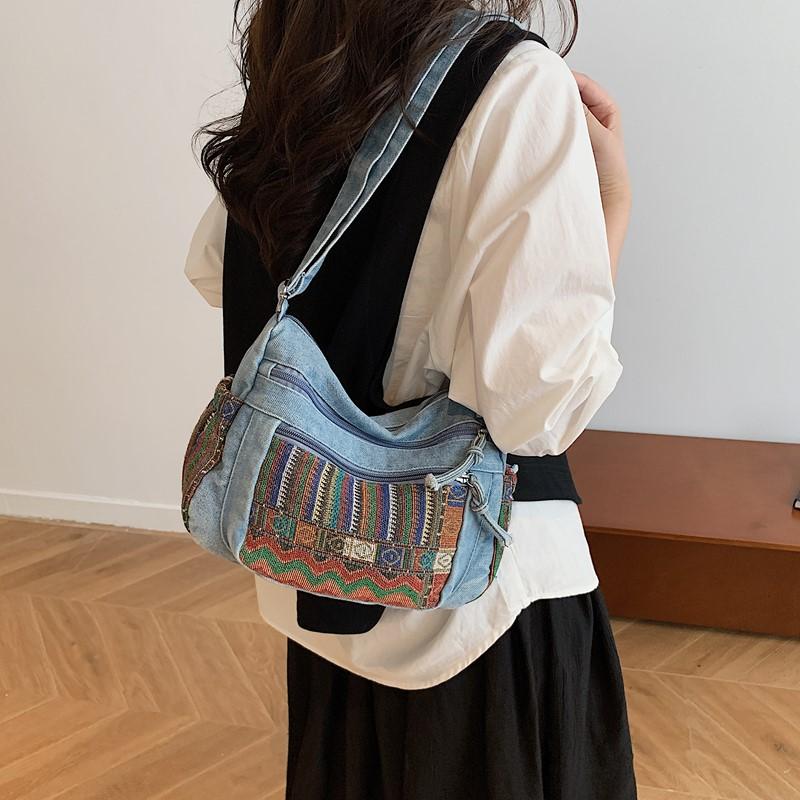 Vintage Denim Embroidered Tote Bag Women's Large Capacity Shoulder Handbag