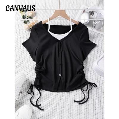 Solid Colour Fake Two Piece Drawstring Neck Collar Short Sleeve T-Shirt Women's Tops