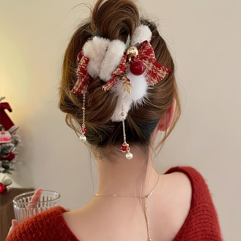 Christmas Style Patterned Bow Hair Clip Bell Pendant Plush Decoration Holiday Cute and Exquisite Hairstyle Hair Accessory