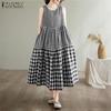 ZANZEA Womens Casual Round Neck Summer Grid Print Sleeveless Dress