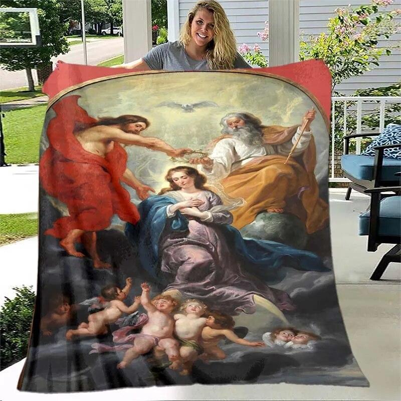 Jesus Jungfrau Maria Prayer Blanket- Lightweight Flannel Throw for Sofa ,Digital Printed Blanket with Soft & Worm Flannel Fabric