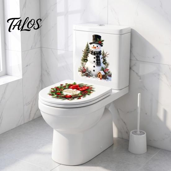Seasonal Toilet Sticker Christmas Snowman Wreath Sticker, Peel And Stick Bathroom Decor Easy Apply Decal Decal, Removable Waterproof Lid Wall