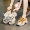 One-word Heightening High-heeled Slippers Women's 2025 Summer Wear New Sandals Platform Versatile Student Casual Lace-up Women's Shoes