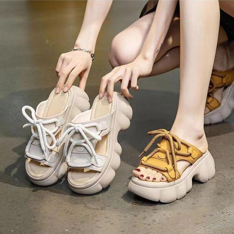 One-word Heightening High-heeled Slippers Women's 2025 Summer Wear New Sandals Platform Versatile Student Casual Lace-up Women's Shoes