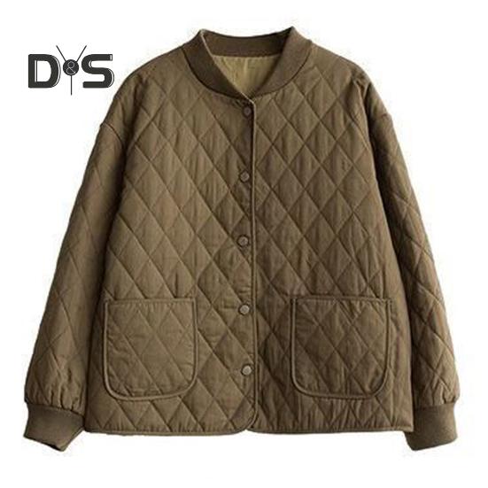 Damenjacke Stehkragen Langarm Rautenstruktur Einreihig Elastische Bündchen Einfarbig Taschen Sport Lady Coat