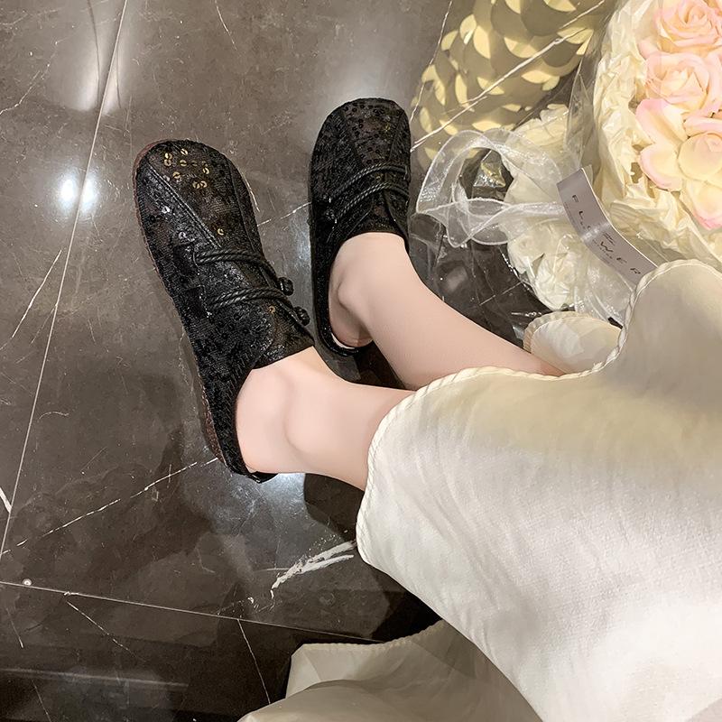 2025 Women's Autumn New Retro Ethnic Style Comfortable Doudou Shoes Mesh Soft Sole Casual One-pedal Comfortable Flat Shoes