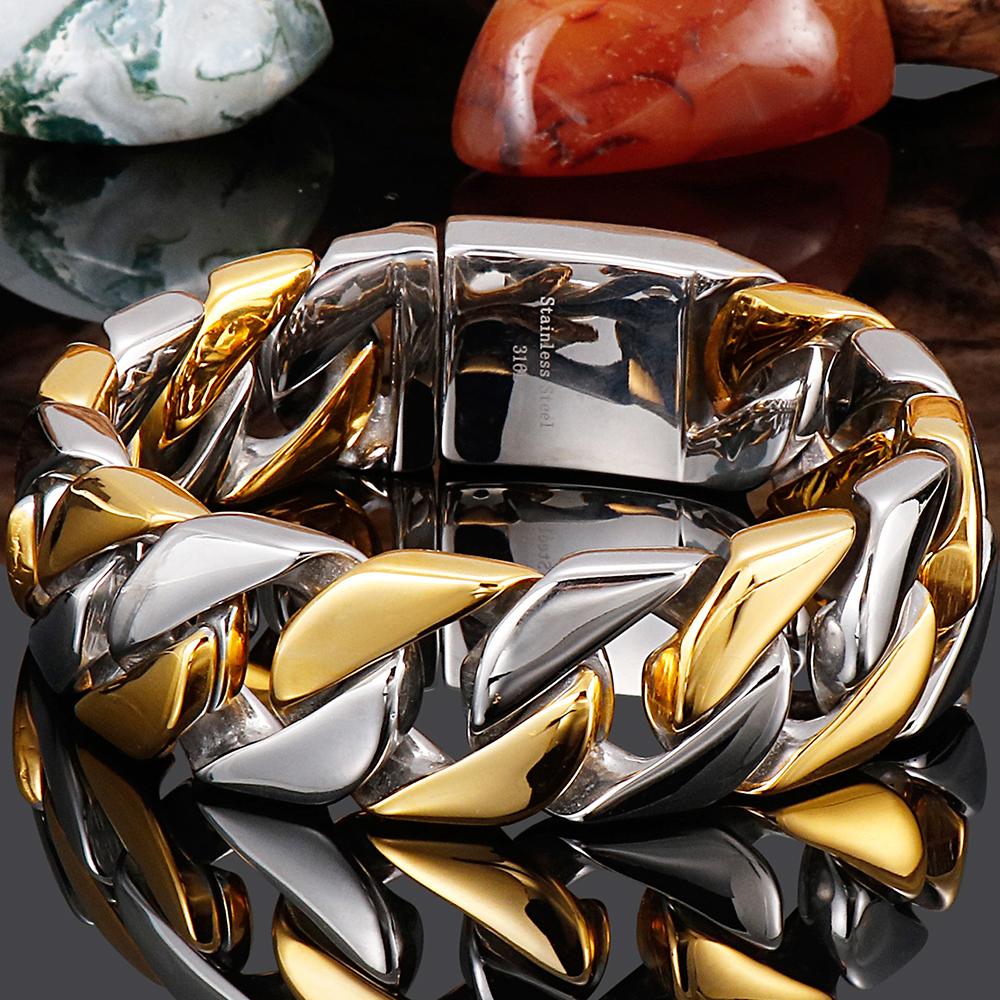 Polished Stainless Steel On Hand Accessories 20MM Wide Iron Men's Bracelet for Man Waterproof Gold Color Men‘s Jewelry Male Him