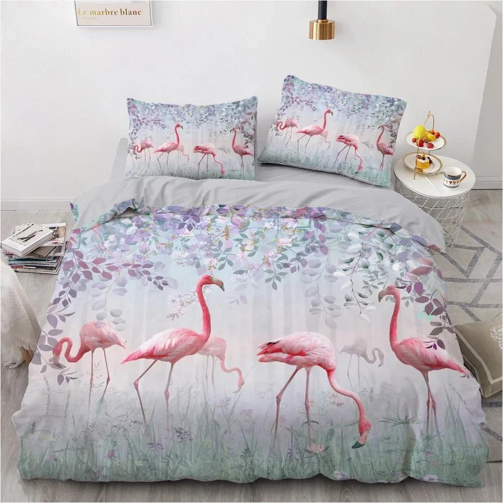 Flamingo Duvet Cover King Queen 3D Pink Animal Bedding Set for Kids Teens Adults Watercolor Style Quilt Cover with Pillowcase