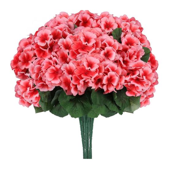 1/6/12 Stück Künstliche Geranienblume mit Grünen Blättern Realistisch UV-Beständig Künstliche Seidenblume Innen Außen Garten Terrasse Balkon Dekoration