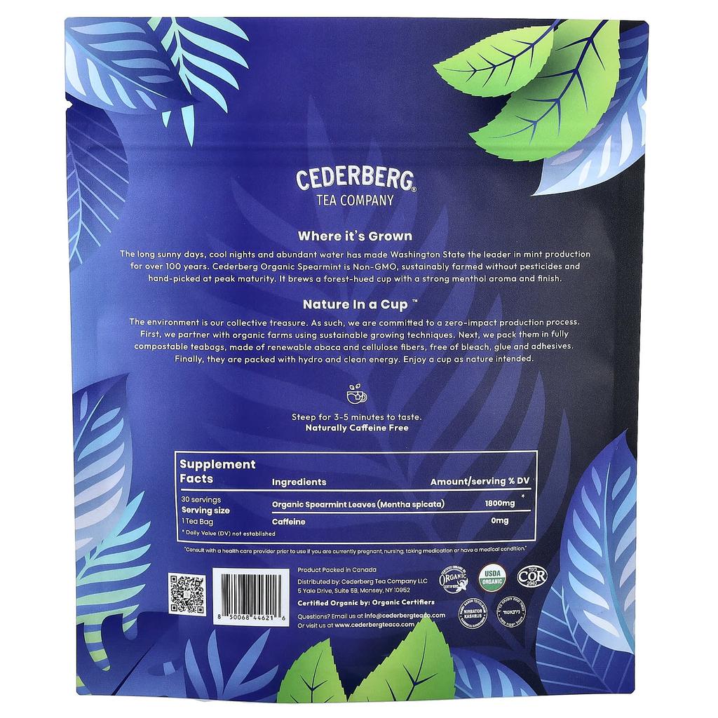 Cederberg Tea Co., Grade 1 Tea, Organic Spearmint, Caffeine Free, Natural, 30 Tea Bags, 42g (1.48oz)