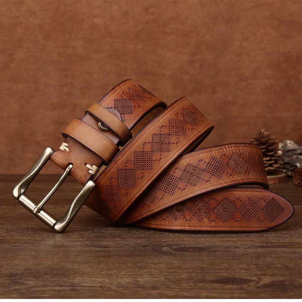 3.8CM Wide and Thick Fashionable Laser Engraved Belt for Men, Made of Aged Pure Cowhide Leather Belt