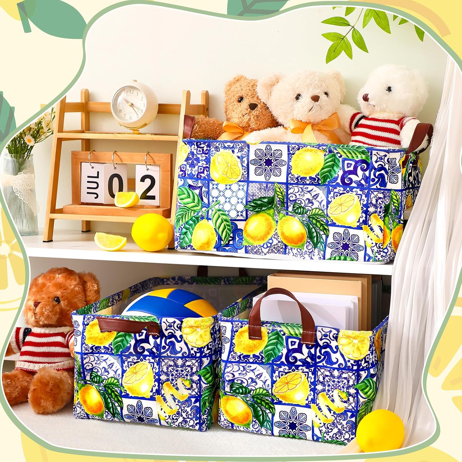 Boao 3 Pcs Capri Lemon Storage Bin Wildflowers Collapsible Large Storage Baskets for Gifts Canvas Laundry Basket Foldable Box with Handle for Office
