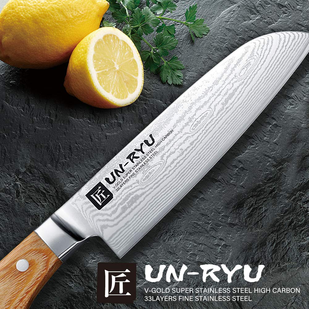 Shimomura Kogyo Unryu Middle Santoku Damascus Made In Niigata Knife, Steel, 150mm, VG-10, 33-layer, UNR-02, Tsubame-Sanjo, Prefecture.
