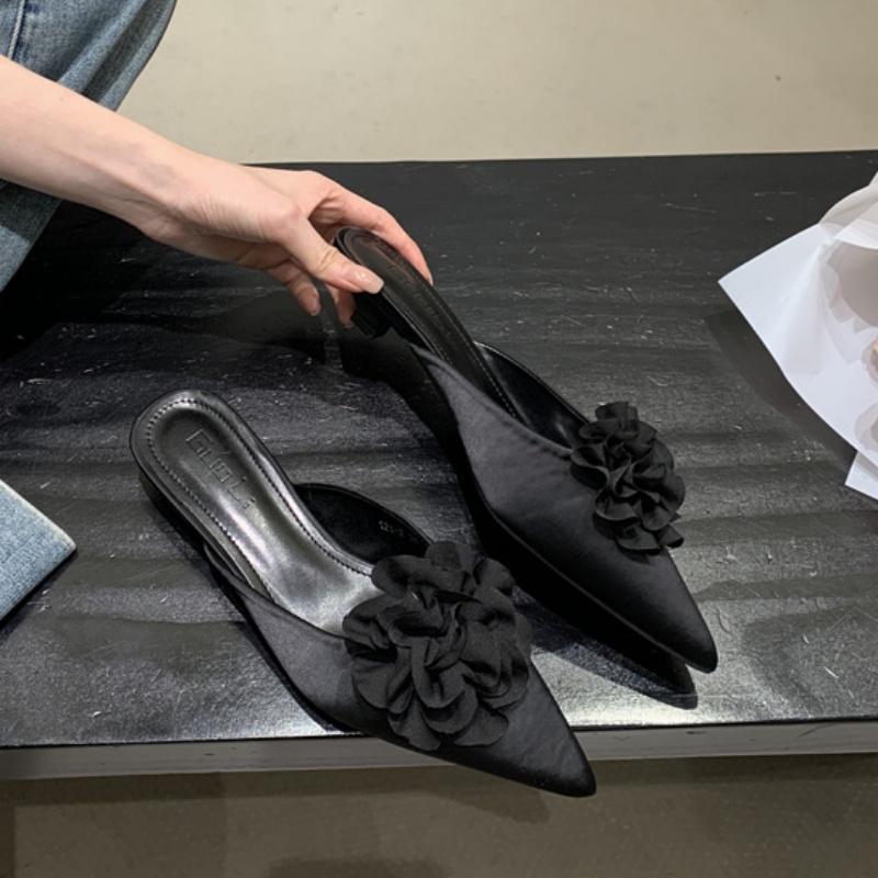 Fashion Bailamos Fashion Sexy Flower Pointed Toe Thin Low Heels Pumps Women Elegant Wedding Mules Shoes Slip On Slippers Zapatos De Muje