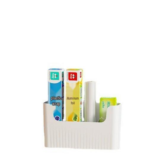 Wall-Mounted Storage Box for Kitchen and Bathroom, No-Drill Cling Film and Shampoo Holder.