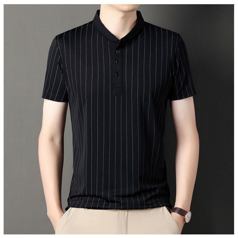 

Mens Striped Stand Collar Henley Short Sleeve T Shirt M білий