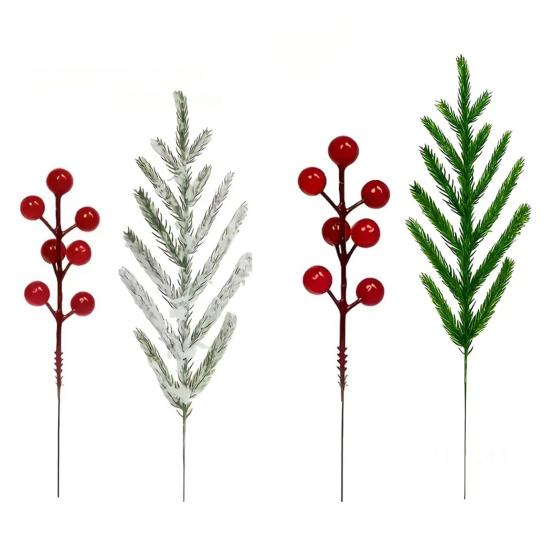 Tabletop Plant Ornaments for Home 20Pcs Christmas Norfolk Pine Picks, Flocked Snow Branches with Lifelike Floral Decor Gift Red Berries, Artificial