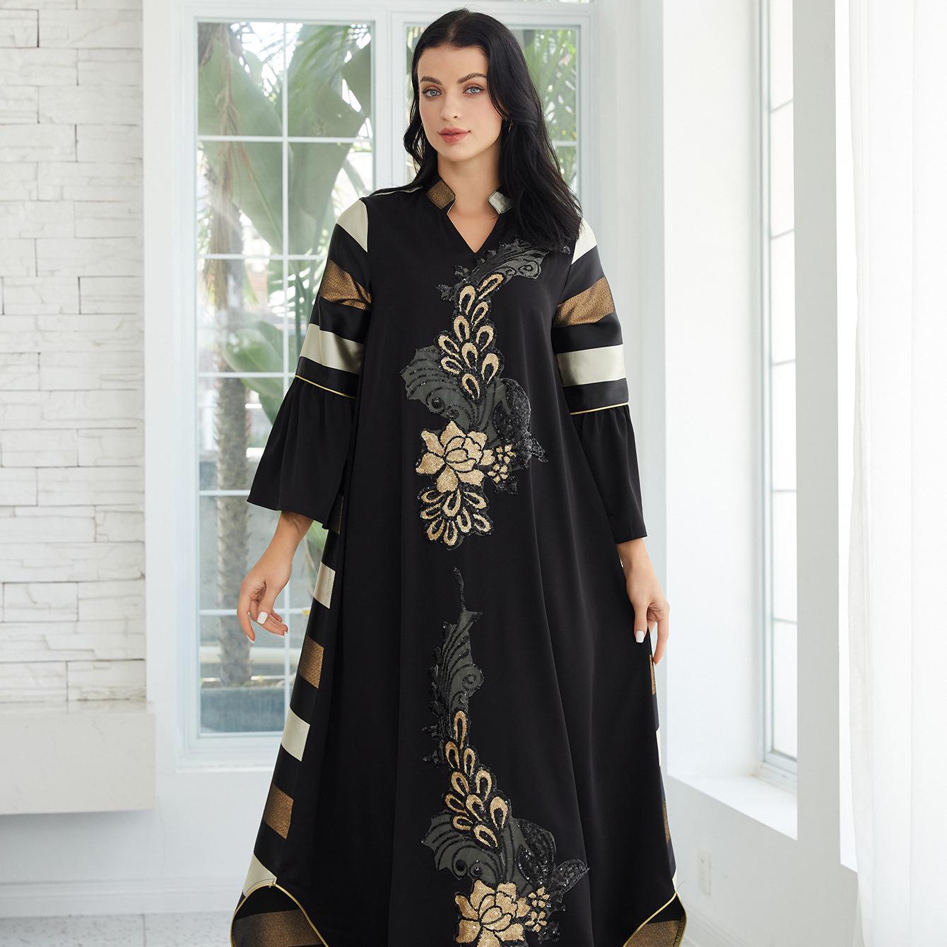 SZ010 Женское лоскутное полосатое платье-абая - Ближневосточный мусульманский стиль халат XXL чёрный