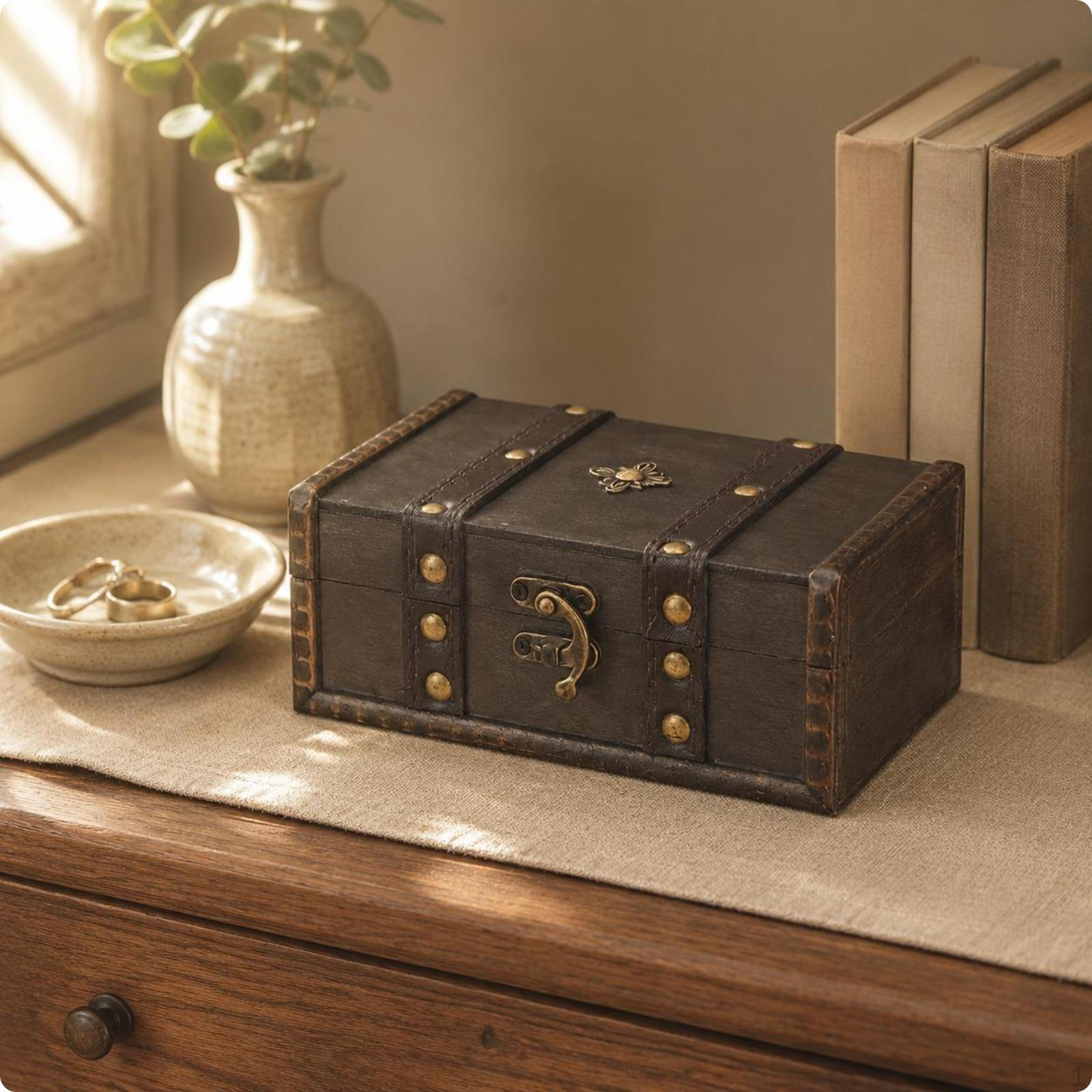 Vintage Design Wooden Jewelry Box Dustproof Retro Treasure Chest Rustic Elegance for