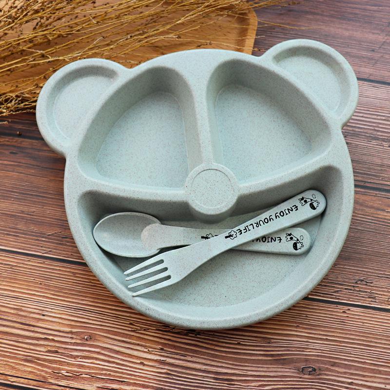 Wheat Bear Kids Dinner Set: Creative Compartment Plate, Breakfast Plate, Fork & Spoon for Babies