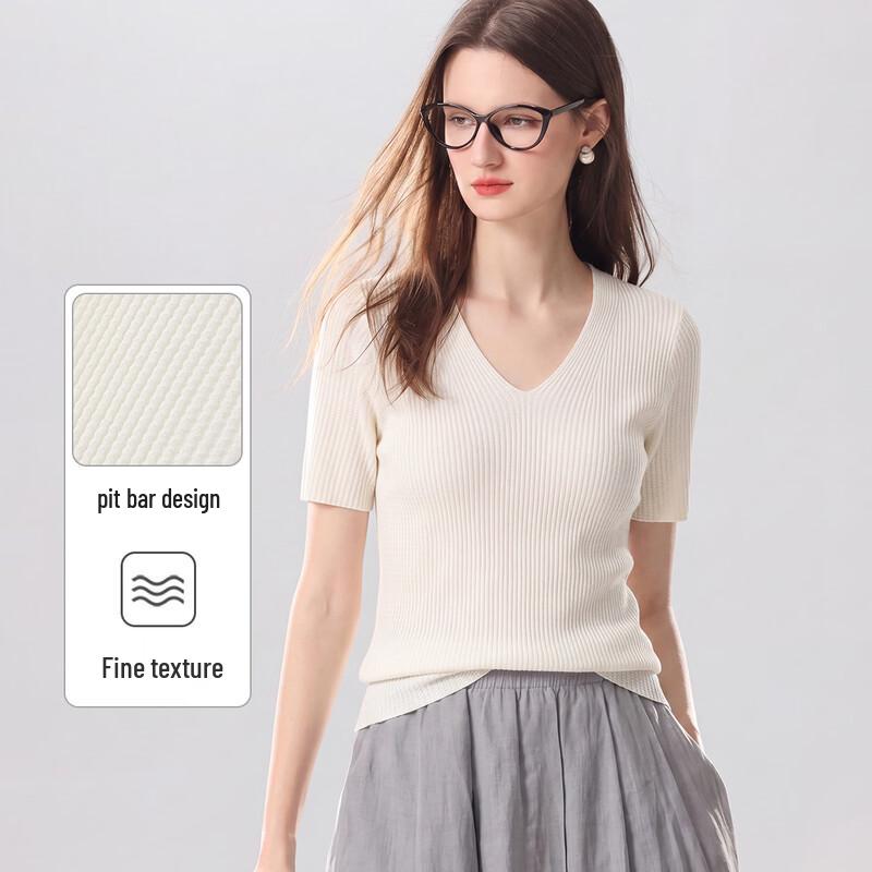 Snowforte Women s Silk Blend Short Sleeve V-Neck Knit Top L