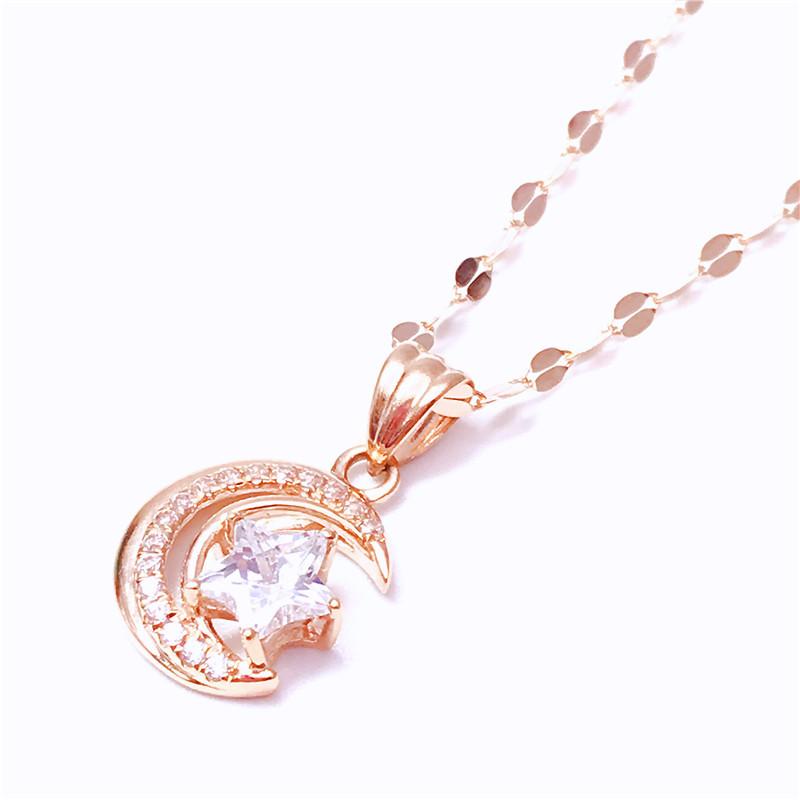 Exquisite Russian 585 Purple Gold Inlaid Zircon Star Moon Pendant Rose Gold-Plated Versatile Exquisite Collarbone Chain