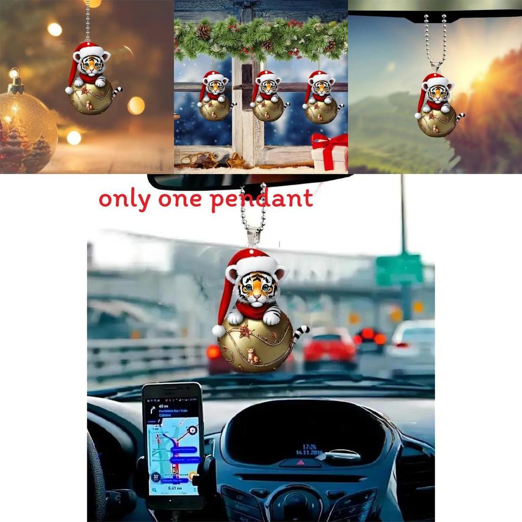 Car Decor Keychain With Cute Tiger Wearing Christmas Hat Design Acrylic Pendant For Home And Travel