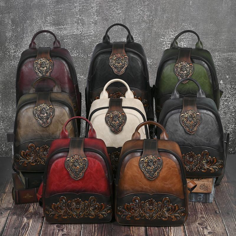 Johnature Embossed Vintage Backpack Versatile Women's Leather Bag Large Capacity Travel Backpacks