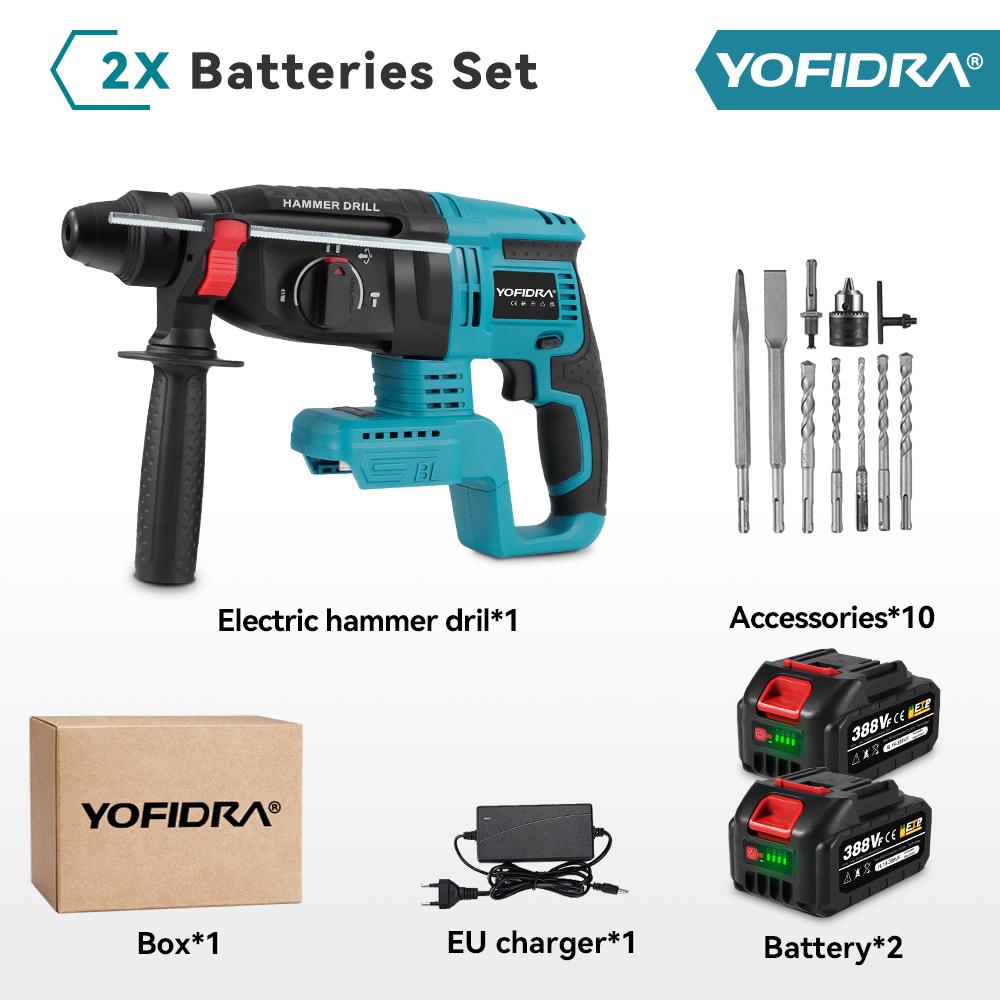 

YOFIDRA 26MM Brushless Electric Hammer Drill Multifunctional Rotary Cordless Rechargeable Power Tools For 21V 18V Battery 2xBattery- Option 6
