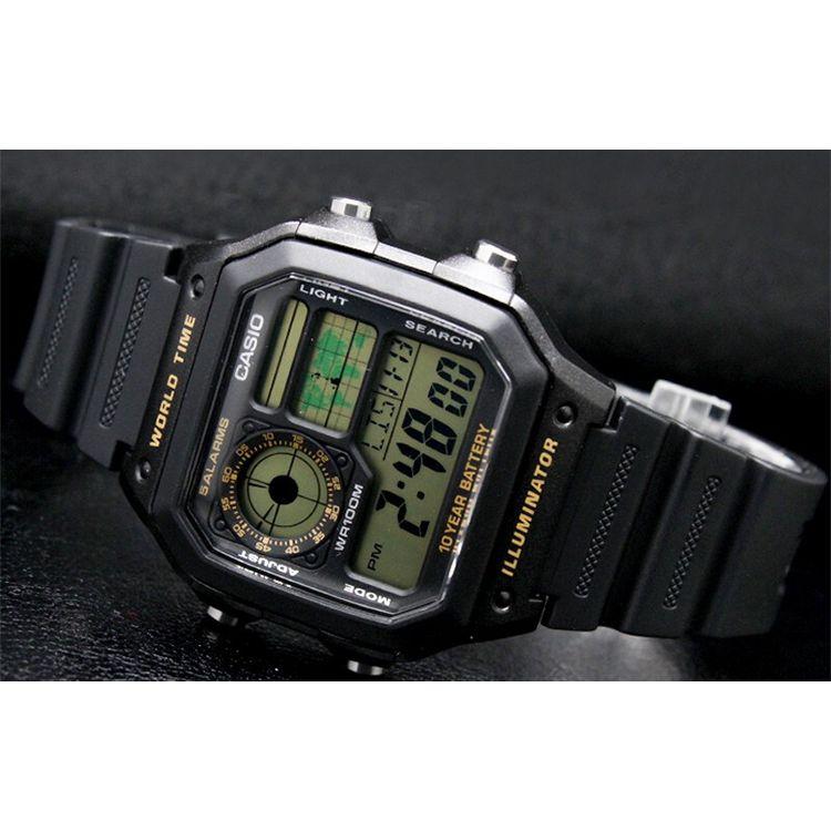 Casio Youth Series Square Dial Digital Retro Ten-Year Power Small Square Electronic 100M Waterproof Electronic Movement Resin Strap AE-1200WH-1B