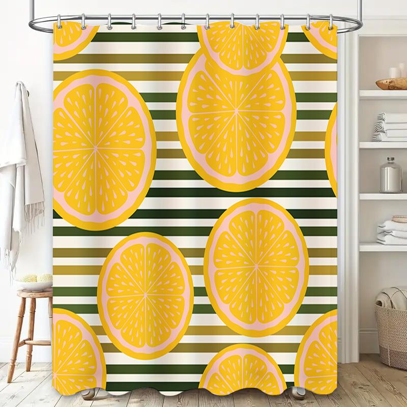 Bright Orange Slice Shower Curtain Waterproof Bathroom Decor Striped Pattern Home Accessories Tiled Washcloth Set