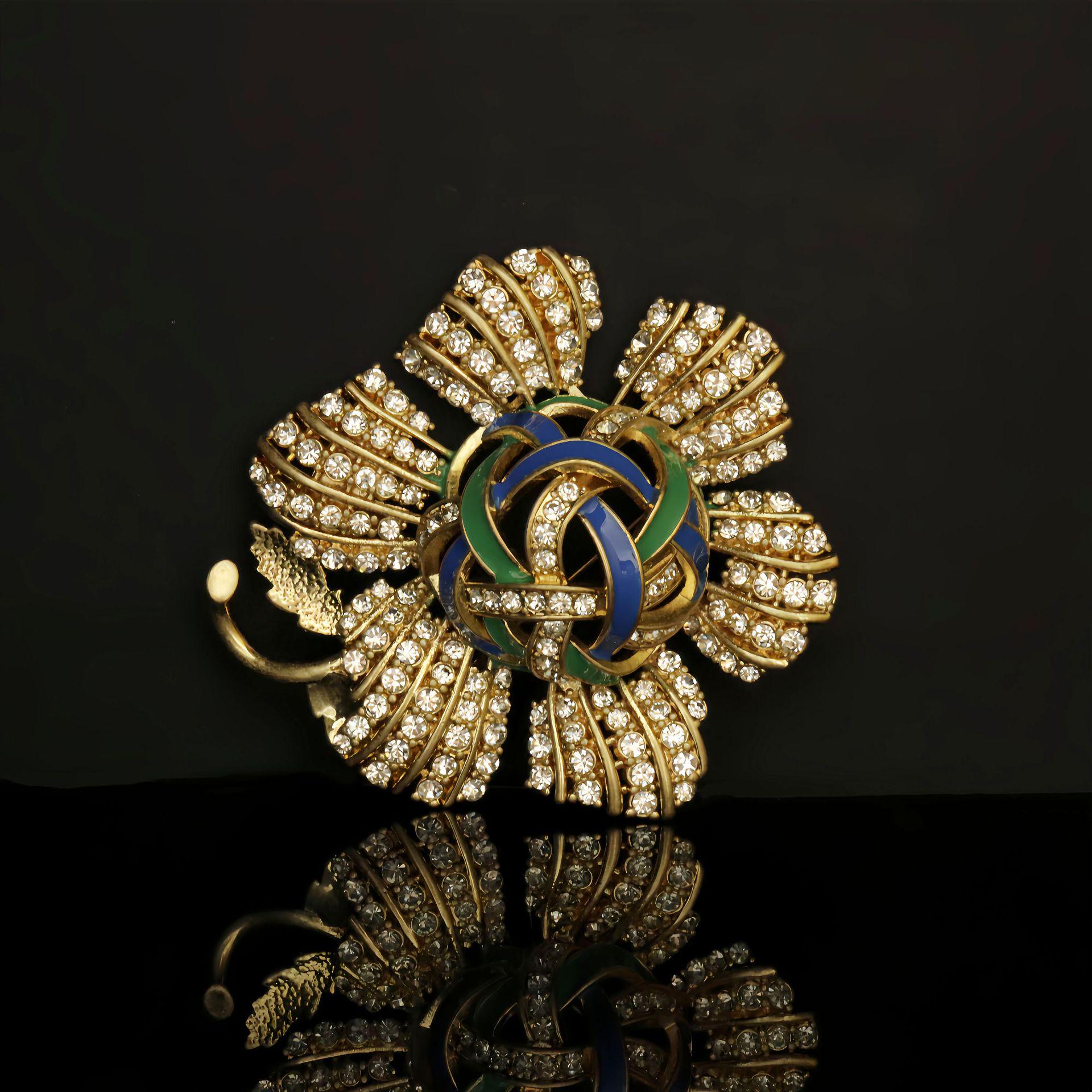 Vintage Large Diamond Flower Brooch: Handmade Enamel, Elegant Lapel Pin Accessory