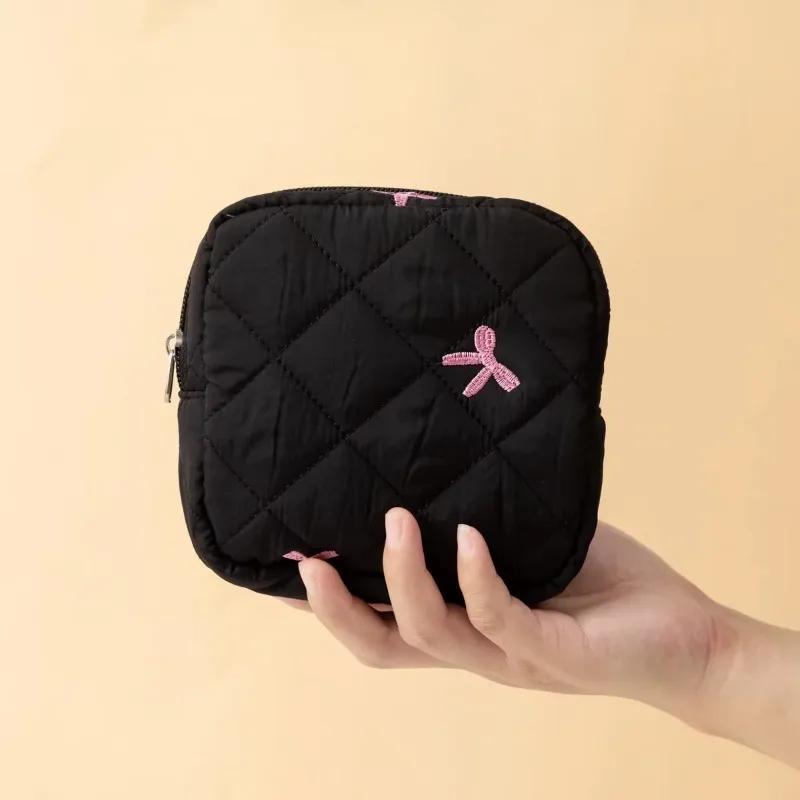 

1pc Black Bow Quilted Makeup Bag Bow Makeup Bag Zipper Makeup Case Zipper Portable Travel Storage Make Up Bag for Women Girl
