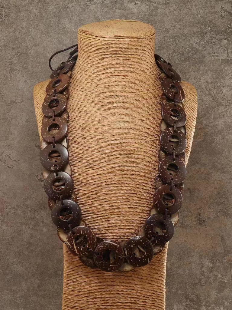 Bohemian Coconut Shell Necklace for Women, Exotic Vintage Long Lariat Natural Handmade Ethnic Layering Jewelry Boho Chic Gift